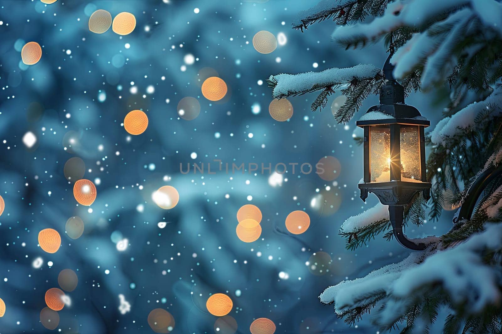 A lantern hanging from a tree branch covered in snow, creating a beautiful winter scene. The soft glow from the lantern illuminates the snow-covered ground below, casting shadows on the icy surface.