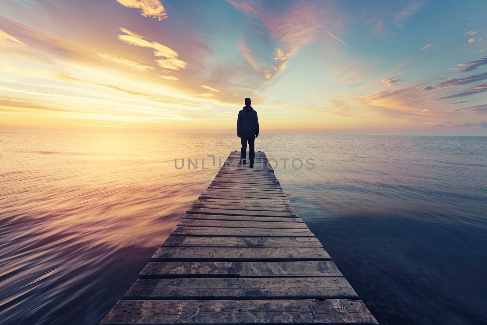 A man stands on a wooden pier jutting out into the vast expanse of the ocean. Surrounded by water on all sides, he gazes out at the horizon, contemplating the endless sea.