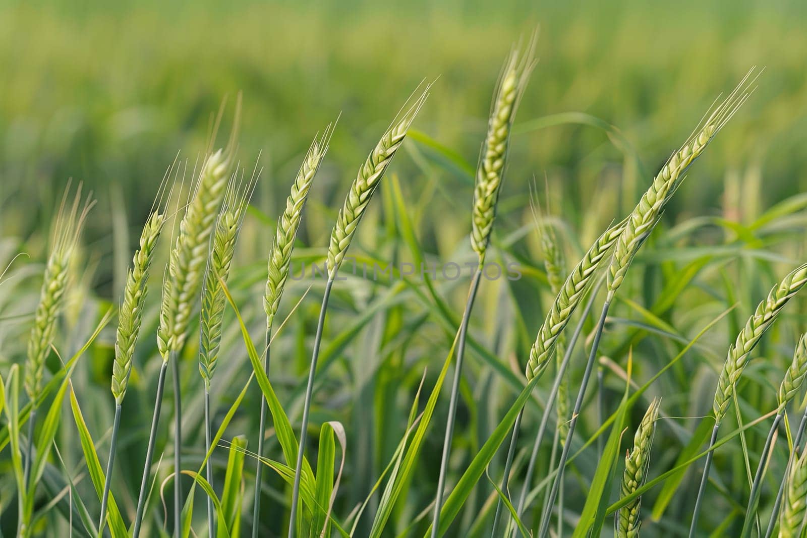This close-up shot showcases a vast field filled with lush green grass. The individual blades of grass are visible, creating a dense and vibrant carpet of greenery.