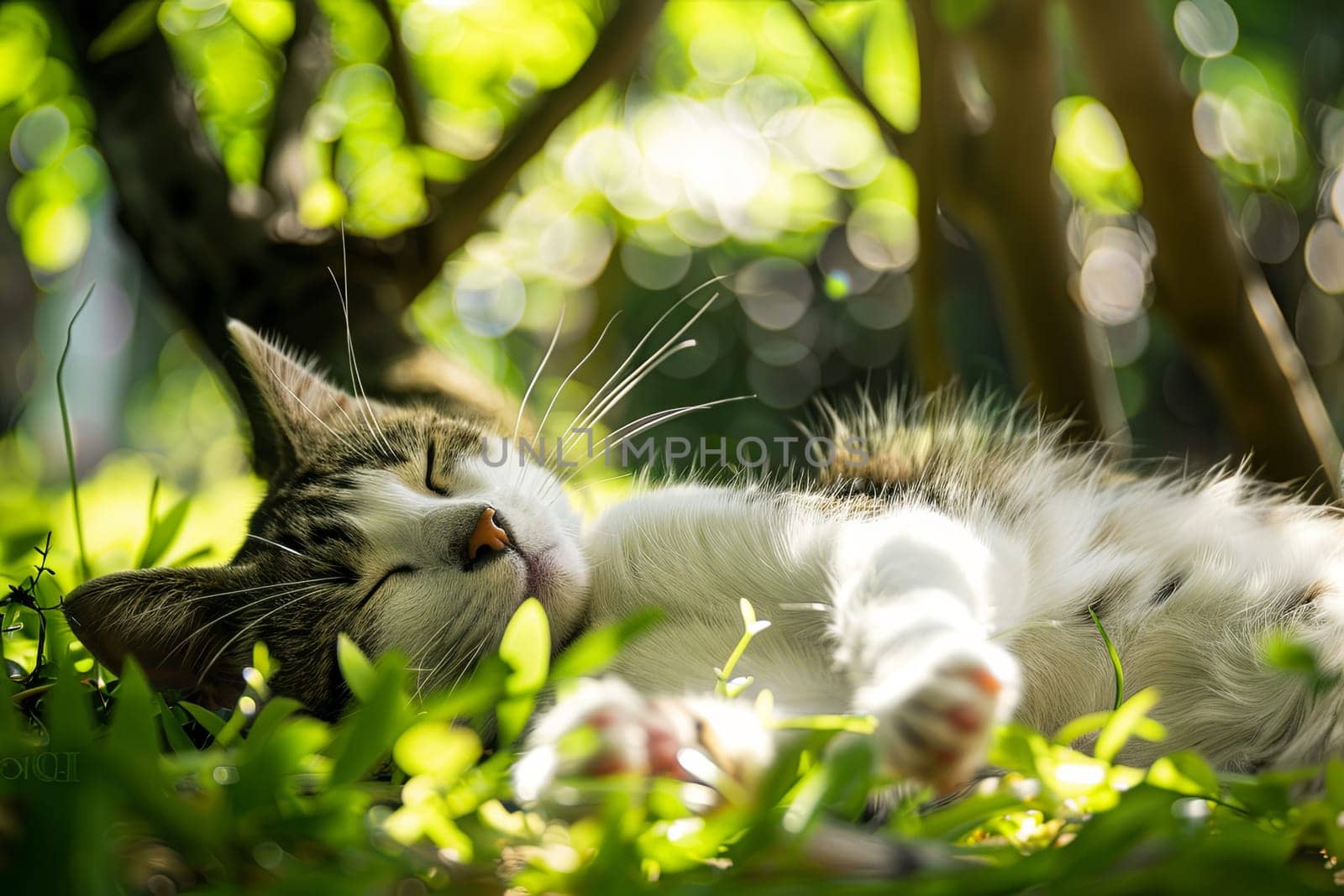 A cat is lying on its back in the lush green grass, its paws lazily stretched out. The feline appears relaxed and content under the open sky.