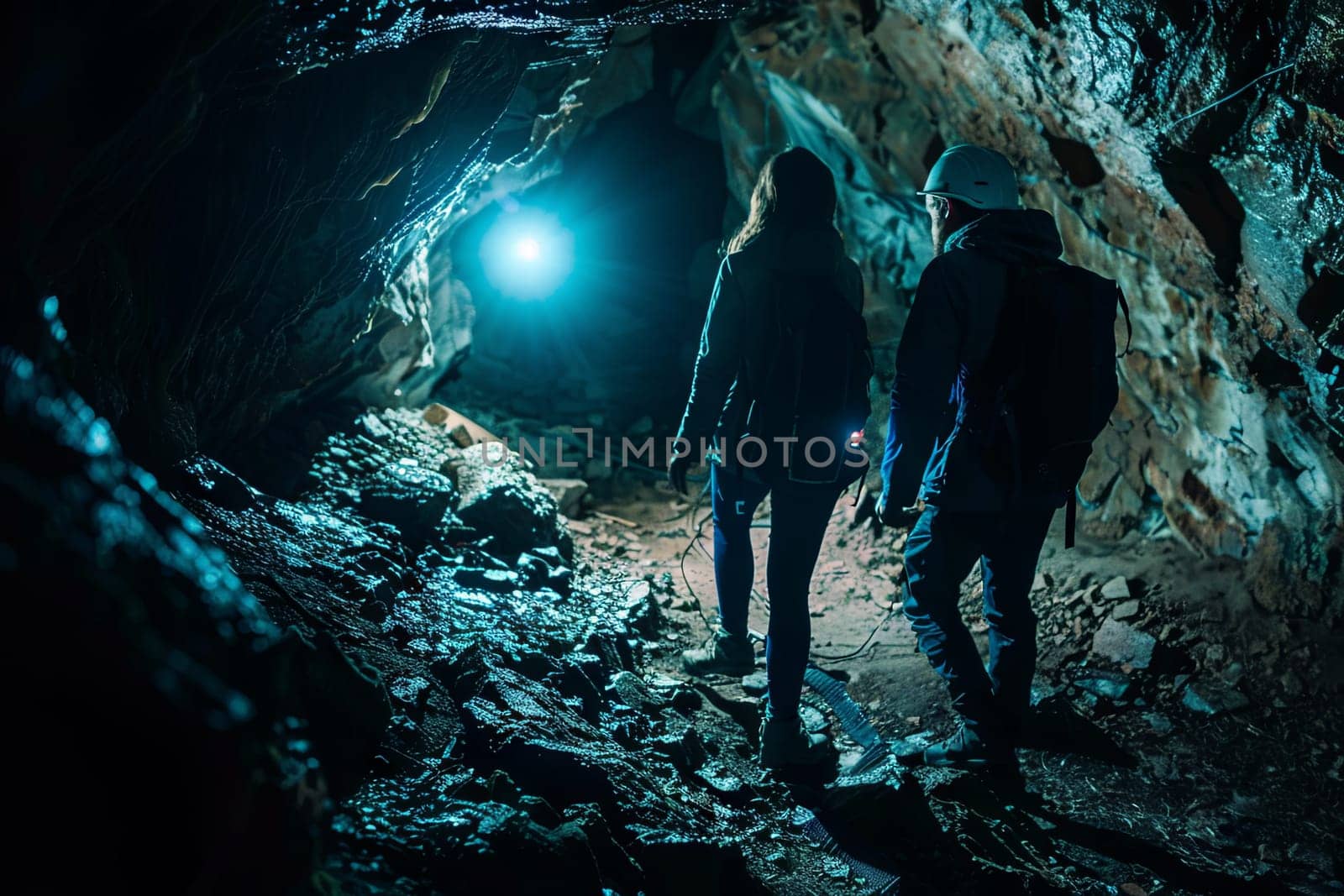 Two individuals are standing inside a dark cave, surrounded by rocky walls and a dimly lit environment. They appear to be exploring the cave, with one pointing towards something in the distance.