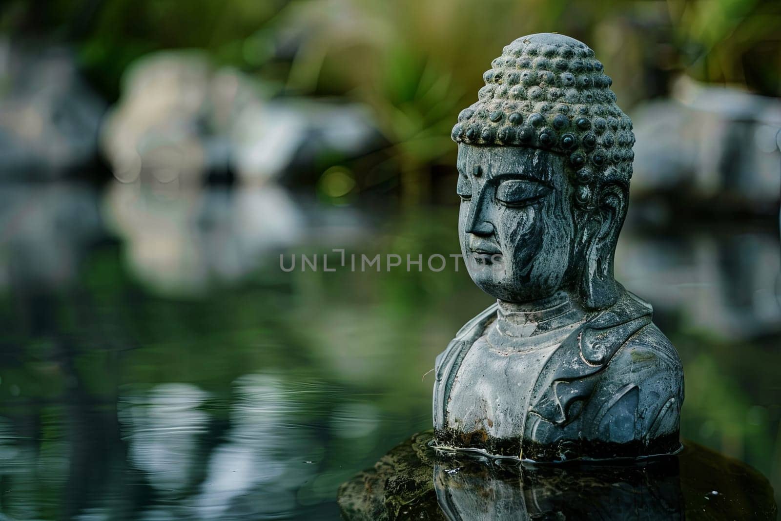 A Buddha statue sits in a contemplative pose amidst the calm waters of a lake, surrounded by a gentle ripple effect. The statue appears serene and timeless in its tranquil surroundings.