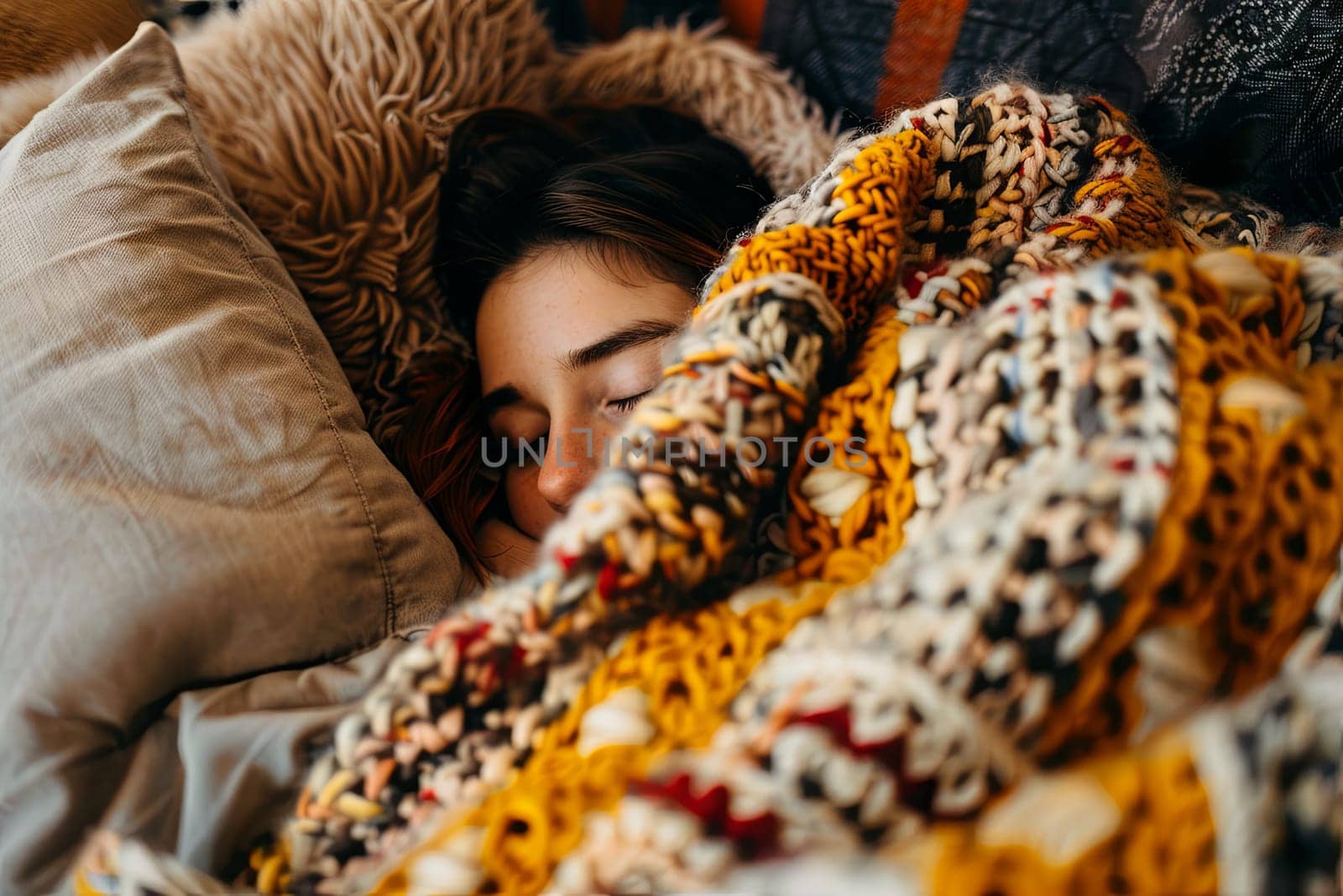 A woman is seen laying in bed, covered by a cozy blanket. She appears relaxed and comfortable, with her eyes closed in a peaceful state of rest.