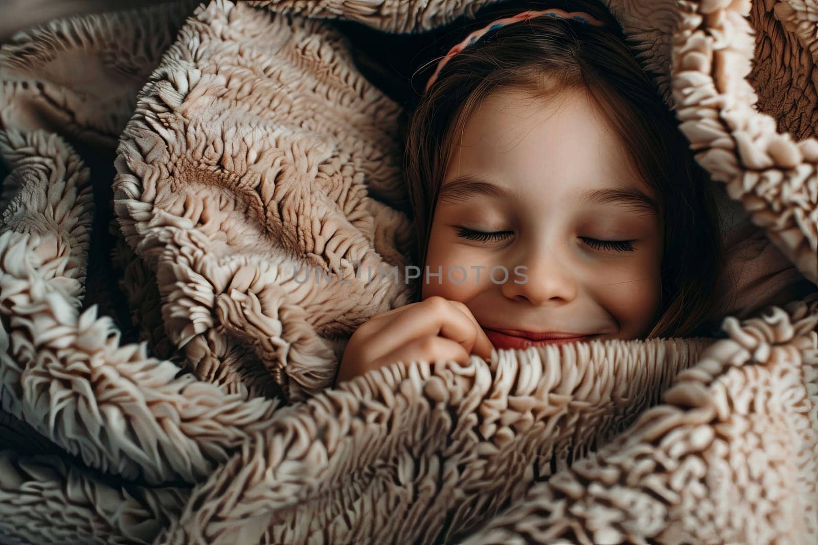 A young girl sits on a couch, enveloped in a cozy blanket. The blanket is colorful and soft, providing warmth and comfort to the child. The girls face shows contentment as she snuggles into the fabric.