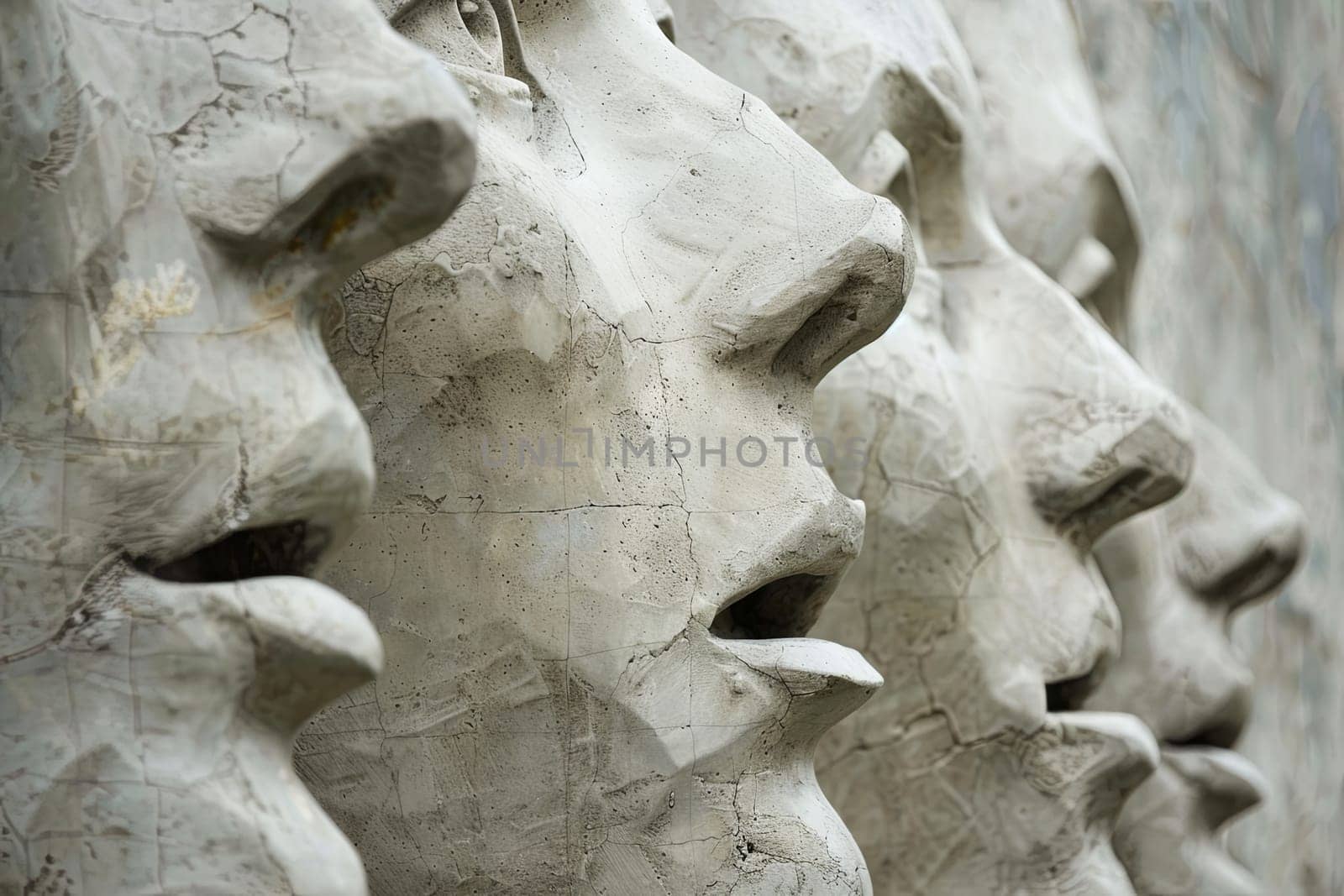 A row of stone heads is displayed on a wall, each intricately carved with distinct facial features. The heads are lined up in perfect alignment, showcasing ancient craftsmanship and cultural significance.