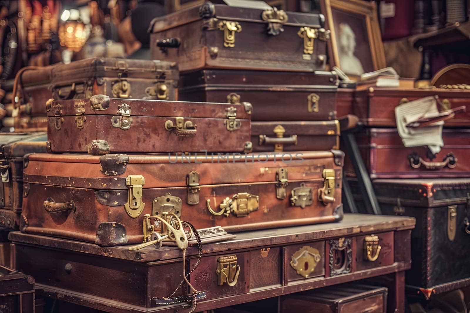 A stack of worn and weathered suitcases is piled high, each one resting on top of the other. The suitcases vary in size, color, and texture, showcasing years of travel and adventure.