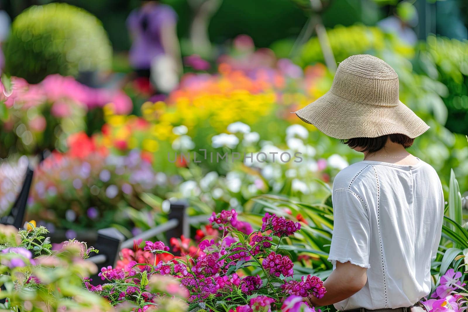 A woman is sitting in a garden surrounded by a multitude of colorful flowers. She appears relaxed and at ease, soaking in the beauty of the vibrant blooms.