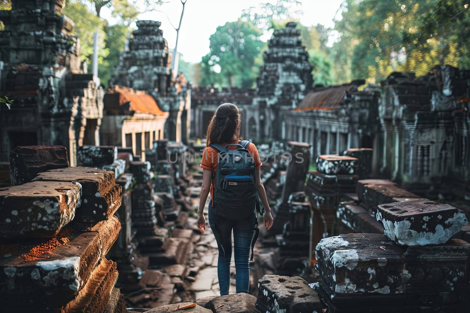 A woman with a backpack is exploring the ancient ruins of a temple. She walks amongst the crumbling stone walls and broken columns, immersed in the history of the place.