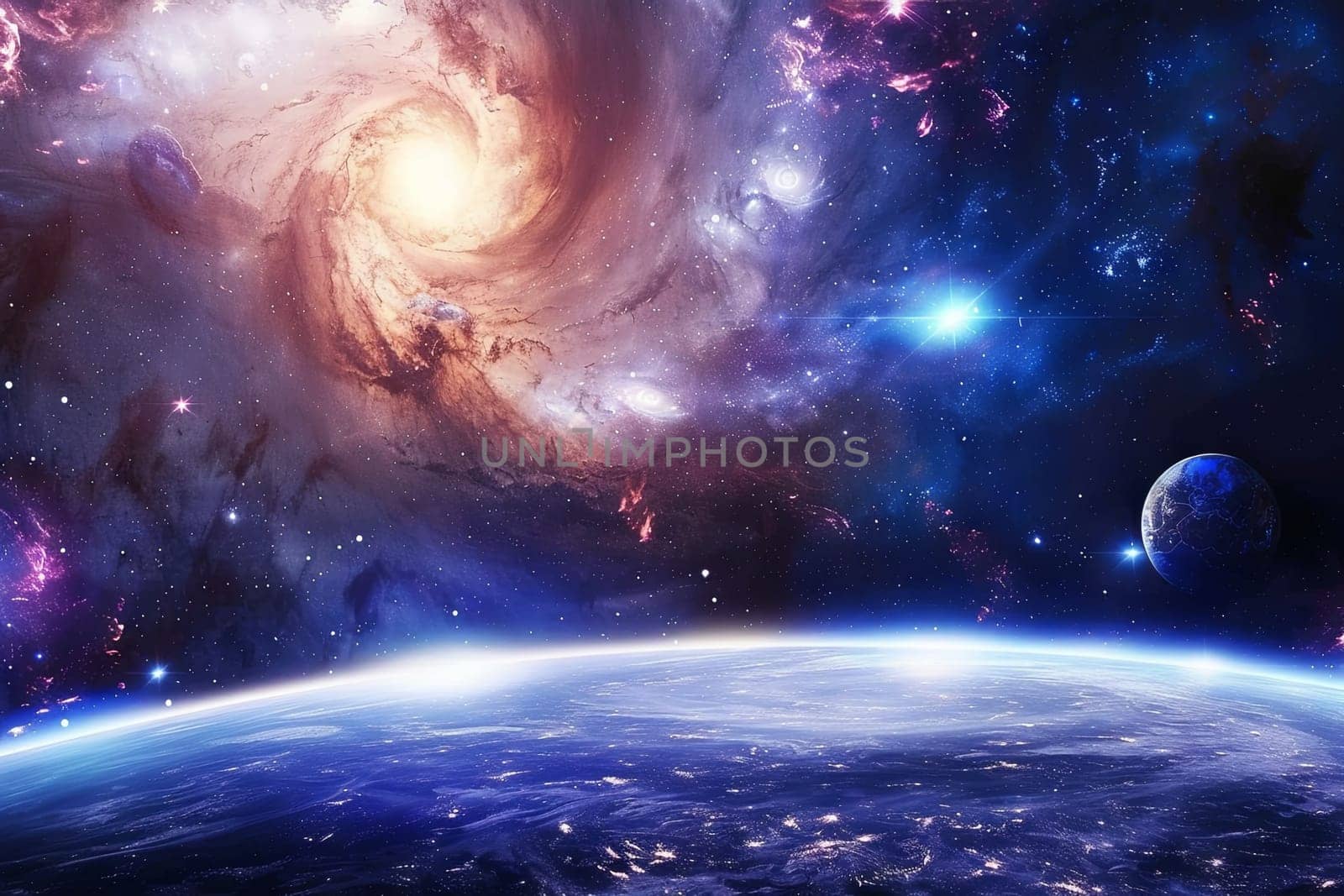 The image shows a detailed view of Earth as seen from space, with swirling clouds, vast oceans, and continents visible. The planets curvature is prominent against the black backdrop of space.