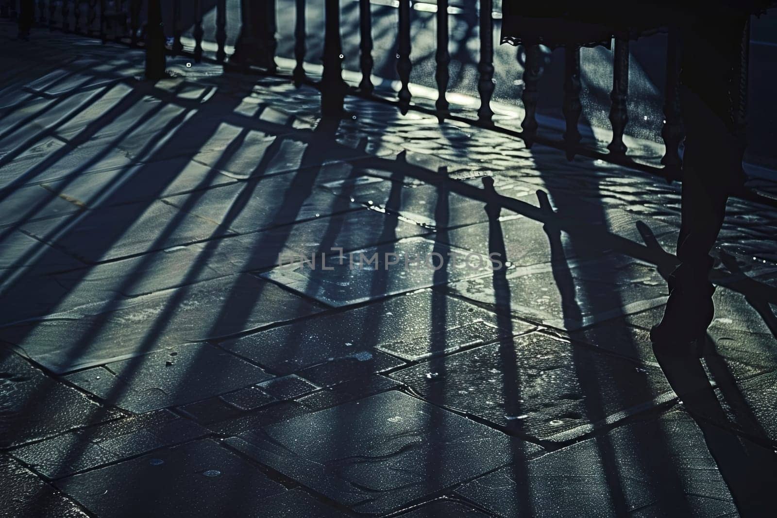 The shadow of a person is prominently cast on the sidewalk as they walk. The figure moves steadily in one direction, their outline crisp against the pavement.