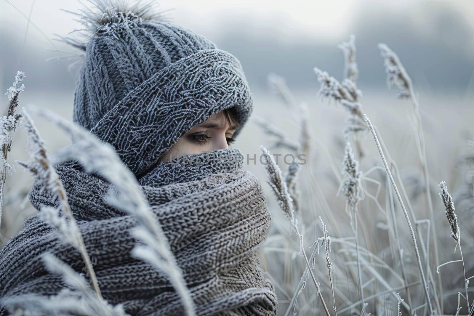 A woman stands in a field of tall grass, bundled up in a knitted hat and scarf. The setting is serene, with the woman appearing calm and relaxed as she enjoys the natural surroundings.