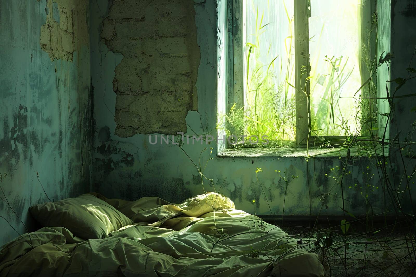 A bed is placed in the center of a room, with a large window letting in natural light. The room is spacious and tidy, with minimalistic decor. The bed is neatly made, adding to the simple elegance of the space.