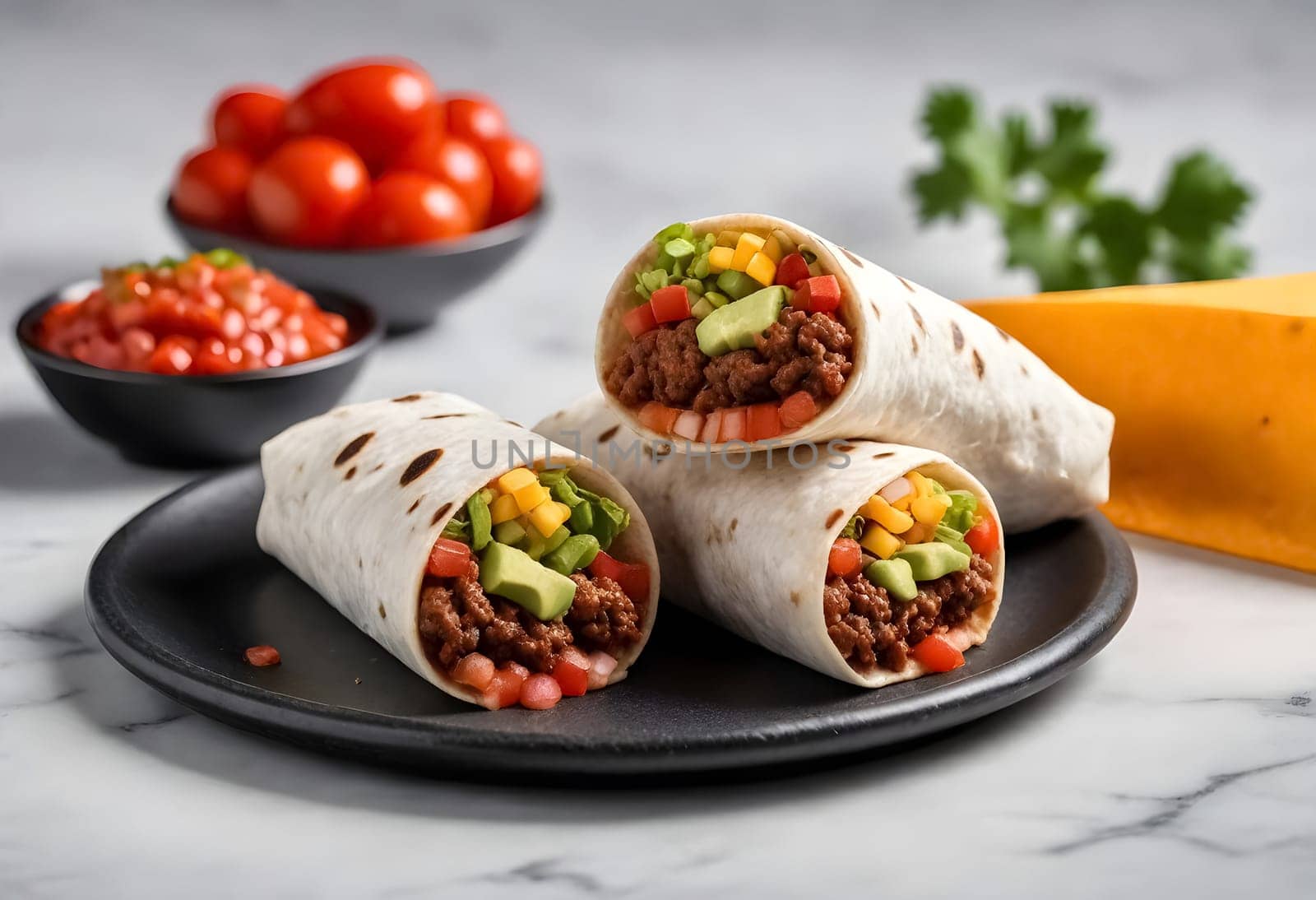 AI generated of burritos, mexican food surrounded by the ingredients