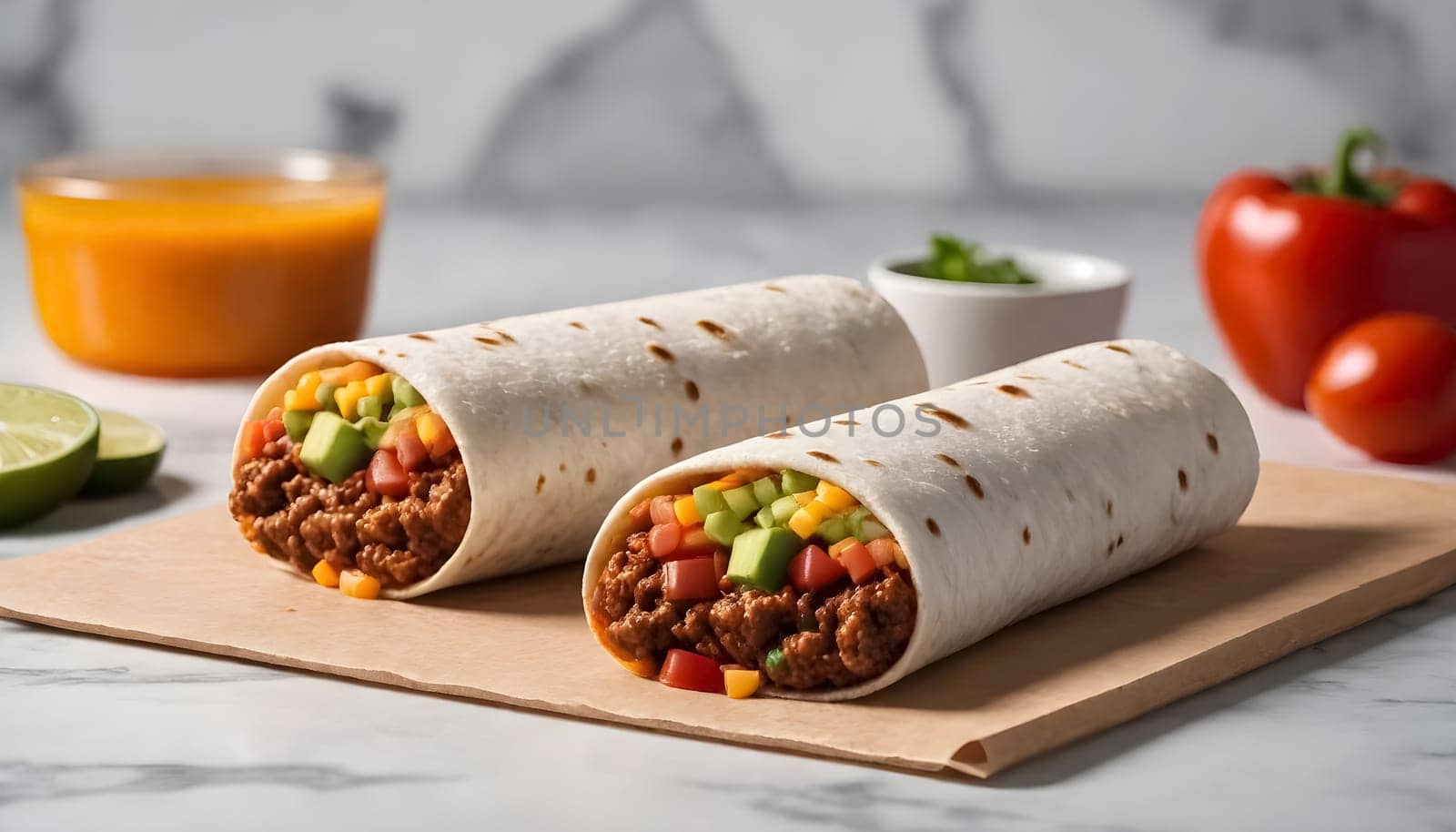 AI generated of burritos, mexican food surrounded by the ingredients