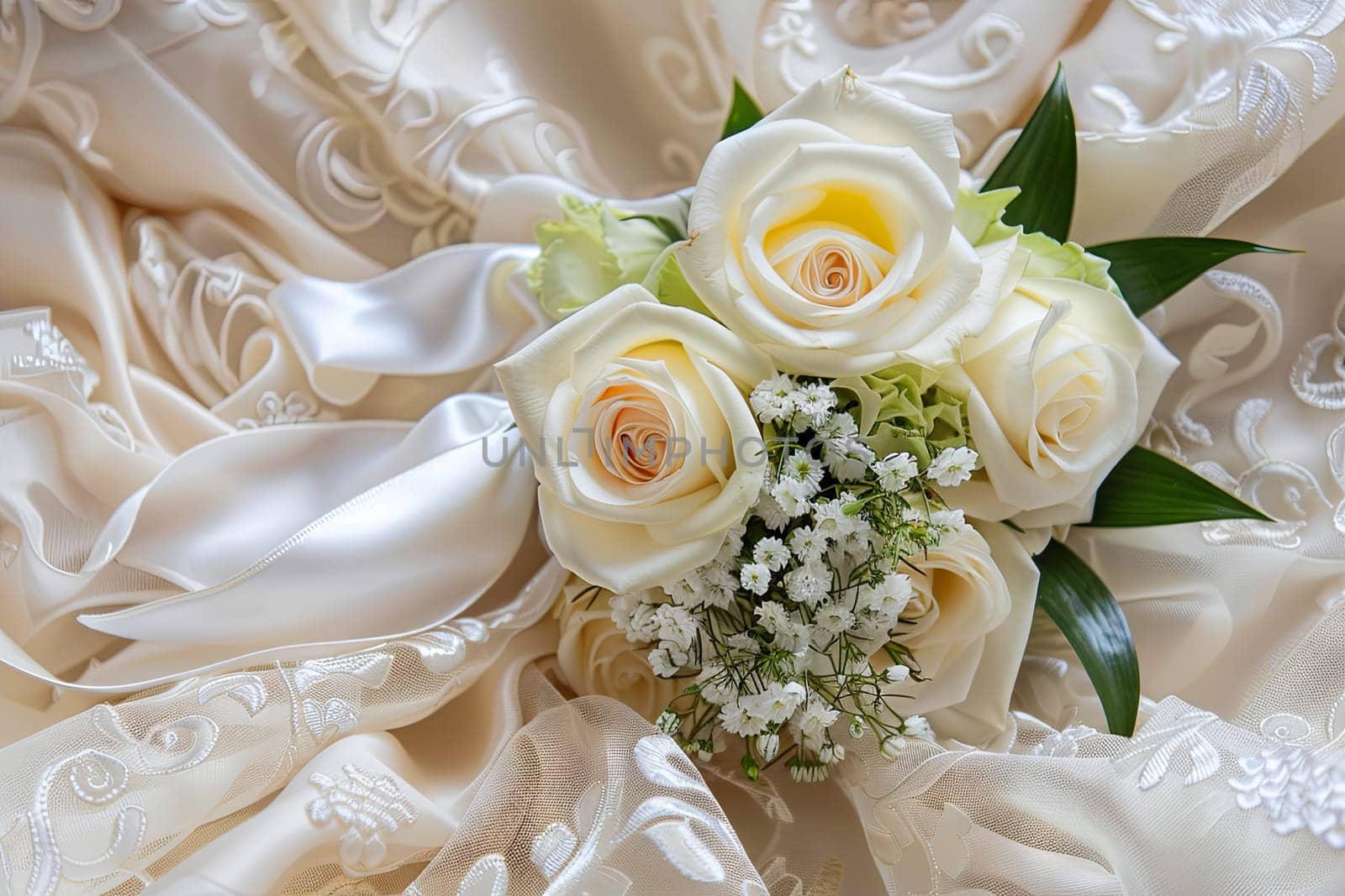 A bridal bouquet featuring delicate white roses and babys breath, arranged in a classic and elegant style. The white roses stand out against the green foliage, creating a timeless and sophisticated look for a wedding.