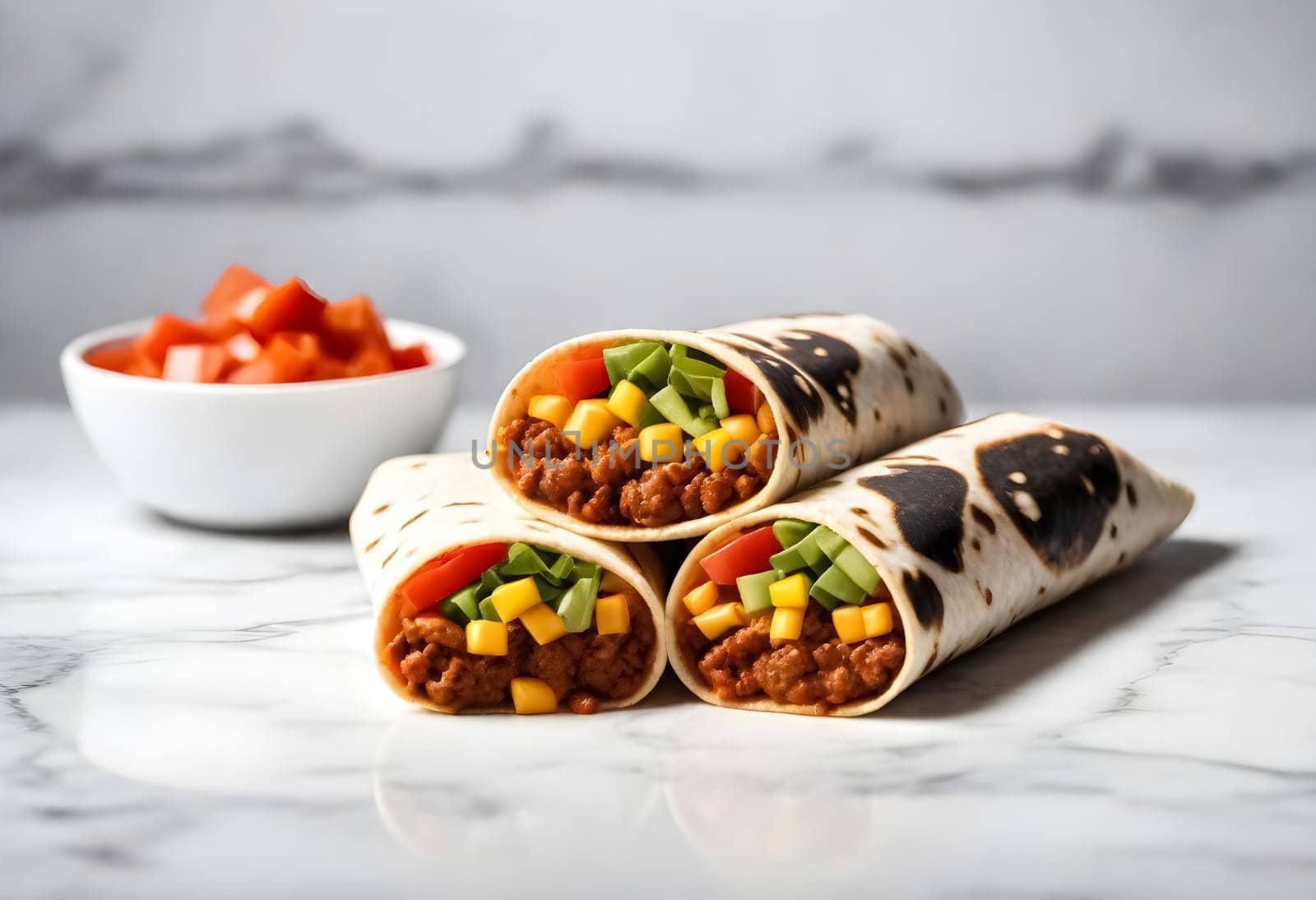 AI generated of burritos, mexican food surrounded by the ingredients