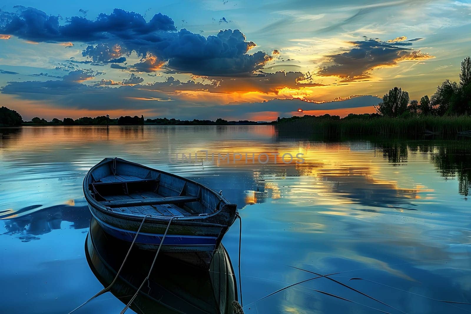 A boat calmly floats on the still waters of a lake, with fluffy clouds filling the sky above. The scene captures a tranquil moment as the boat sits undisturbed on the serene surface.