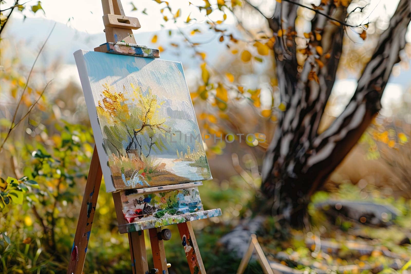 An easel stands in a vast field, displaying a painting. The artwork depicts a serene landscape, blending into the natural surroundings. The sunlight illuminates the canvas, creating a striking contrast with the greenery.
