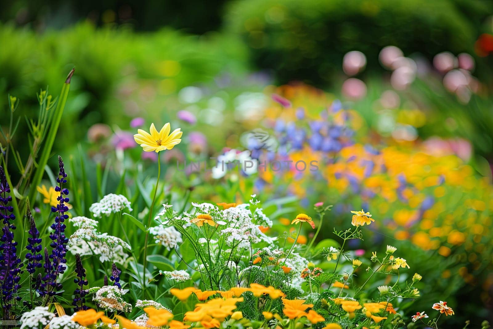 A garden bursting with a variety of colorful flowers in full bloom. Bright red, yellow, purple, orange, and pink blossoms cover the lush green landscape, creating a stunning visual display of natures beauty.