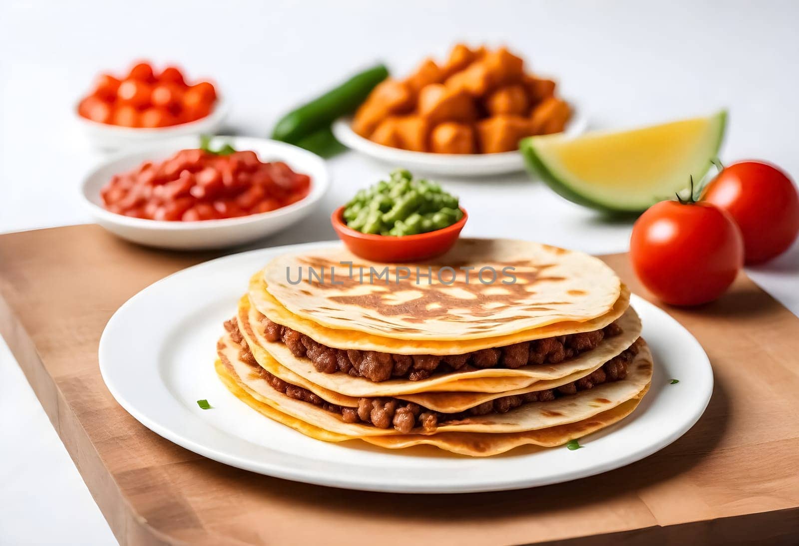 AI generated of a plate of quesadilals, a mexican cuisine, surrounded by the ingredients