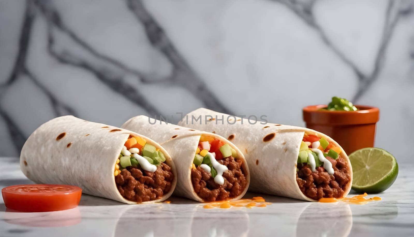 AI generated of burritos, mexican food surrounded by the ingredients