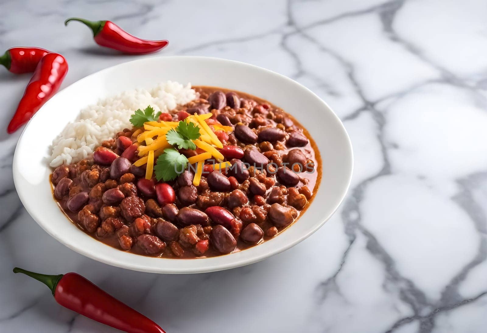 AI generated chili con carne on a bowl on a marble background