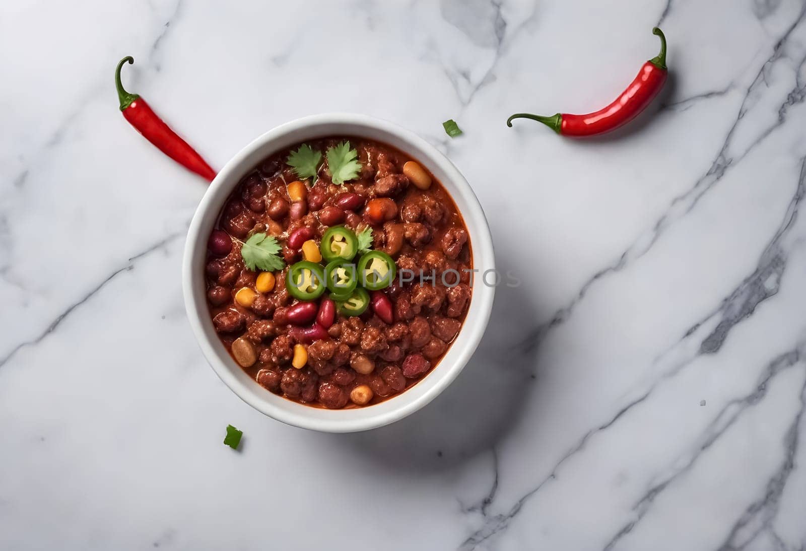 AI generated chili con carne on a bowl on a marble background
