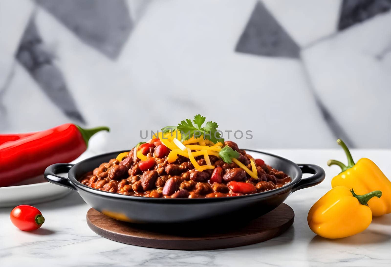 AI generated chili con carne on a bowl on a marble background