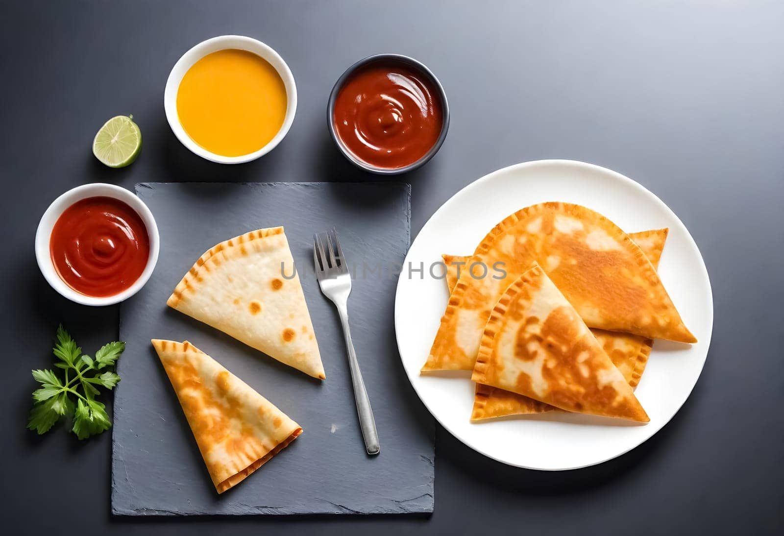 AI generated of a plate of quesadilals, a mexican cuisine, surrounded by the ingredients