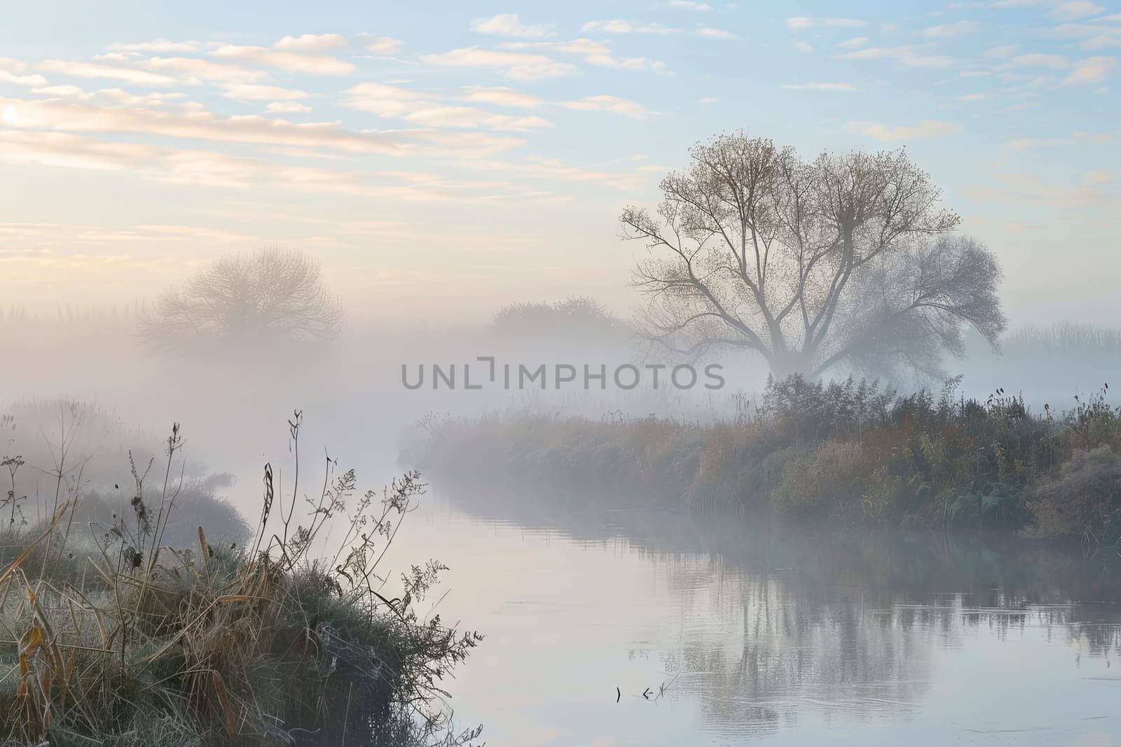 A body of water is enclosed by a lush green landscape of grass and trees. The tranquil scene captures the harmonious relationship between the water and its natural surroundings.