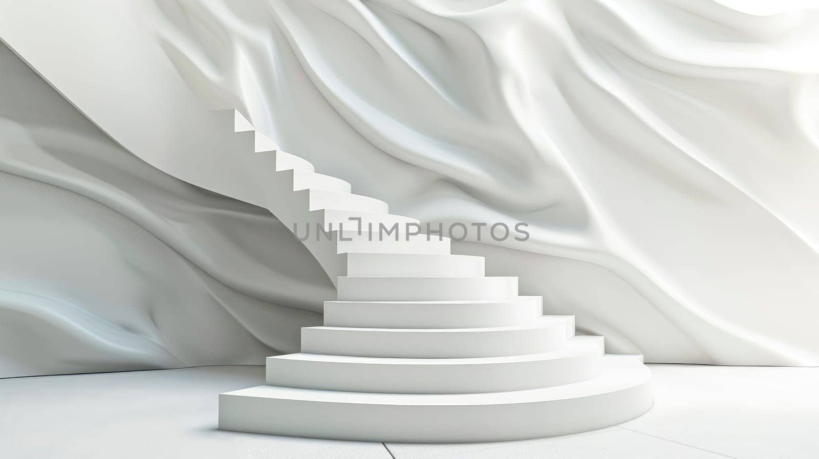 A white silk curtain leading up concrete stairs. AI generated