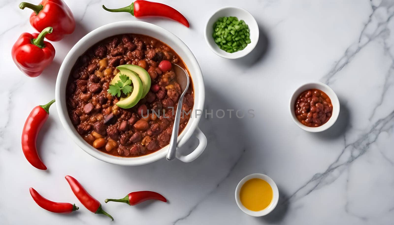 AI generated chili con carne on a bowl on a marble background