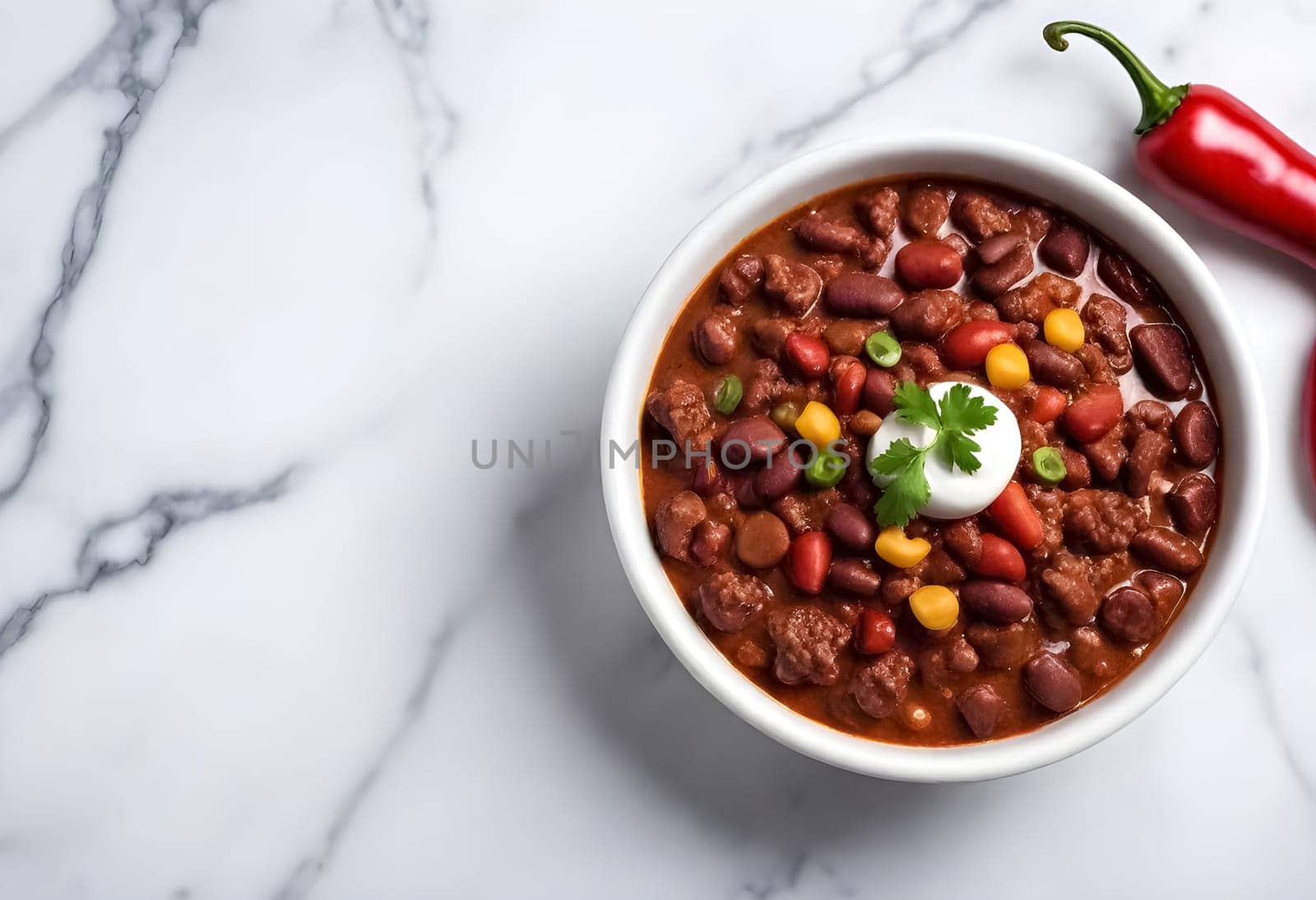 AI generated chili con carne on a bowl on a marble background
