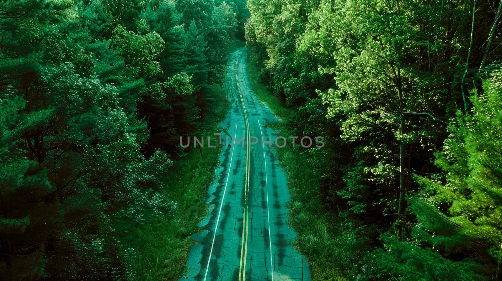 Aerial view of an empty road in the middle of the forest. AI generated