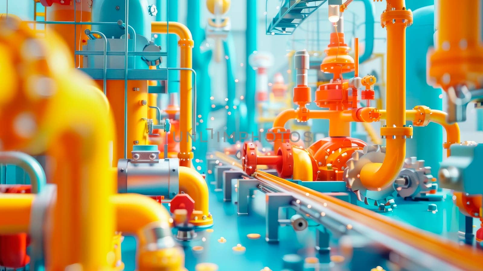 Gas pipes in boiler room.  Heating of buildings with natural gas. Colorful tubes with monometers and valves. Concept - boiler house runs on methane or propane. AI generated