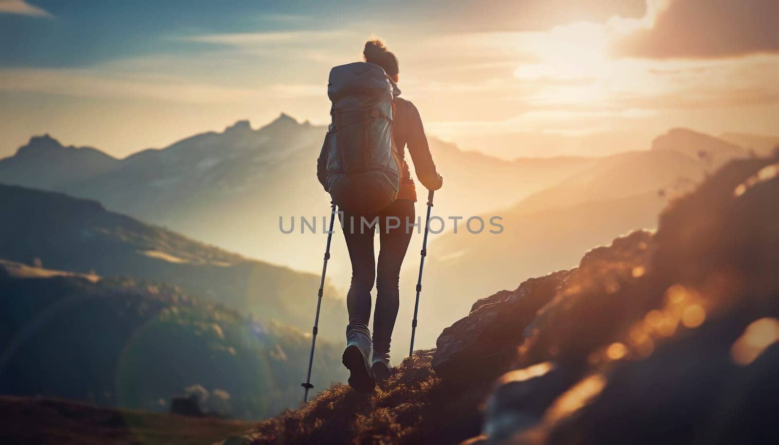 Rear view woman hiker with backpack climbing mountains and reaching the top. Conceptual scene with a female hiking and overcoming obstacles as ascends the rocky peaks. Leader success and achievement