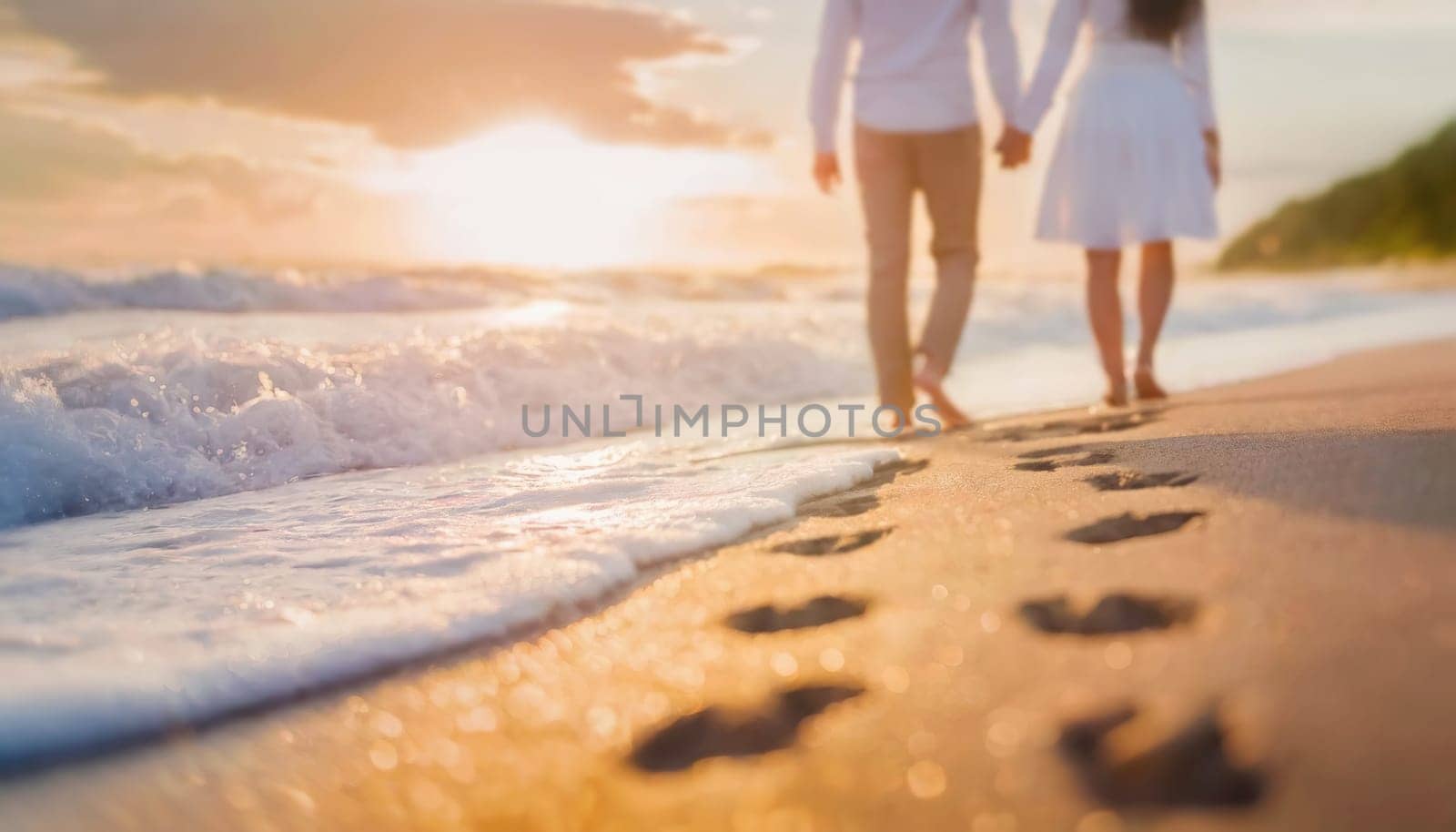 Handheld couple walking barefoot on the beach leaving footprints in the sand and foamy waves washing the shore in the morning at sunrise