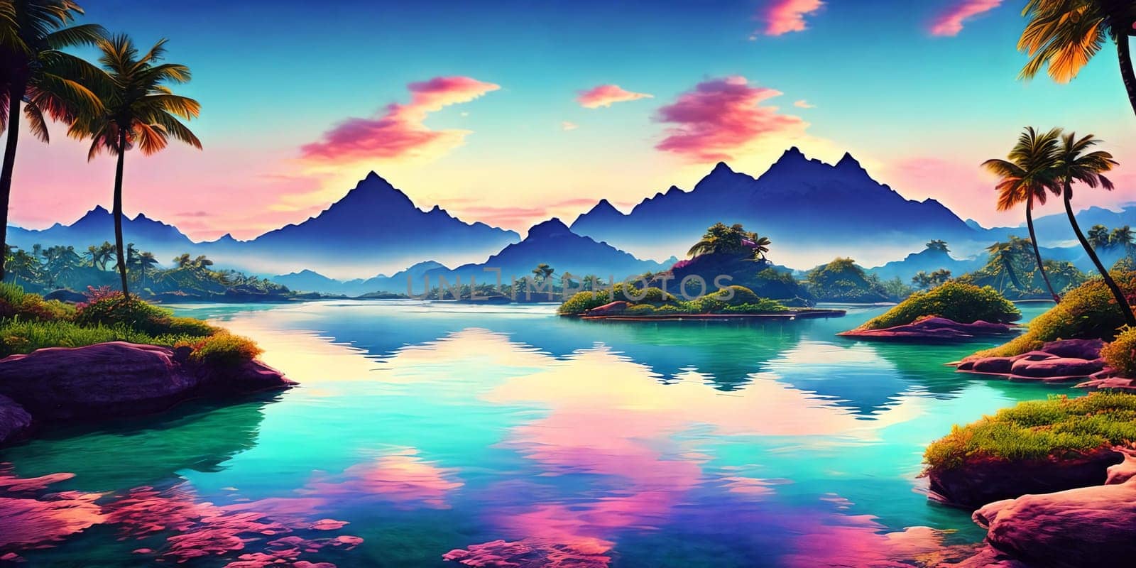 Sunset paints the sky in hues of pink and blue over a tranquil sea, palm trees lining the shore on Paradise fantasy planet.