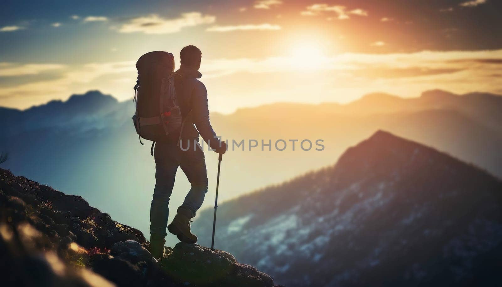 Rear view of a hiker with backpack climbing mountains and reaching the top. Conceptual scene with a man hiking and overcoming obstacles as ascends the rocky peaks. Leader success and achievement