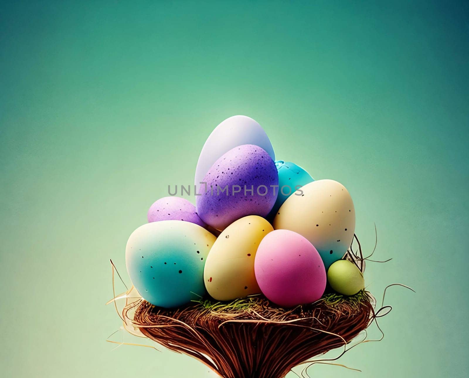 An intricate Easter card design featuring a variety of beautifully decorated eggs. Easter desing