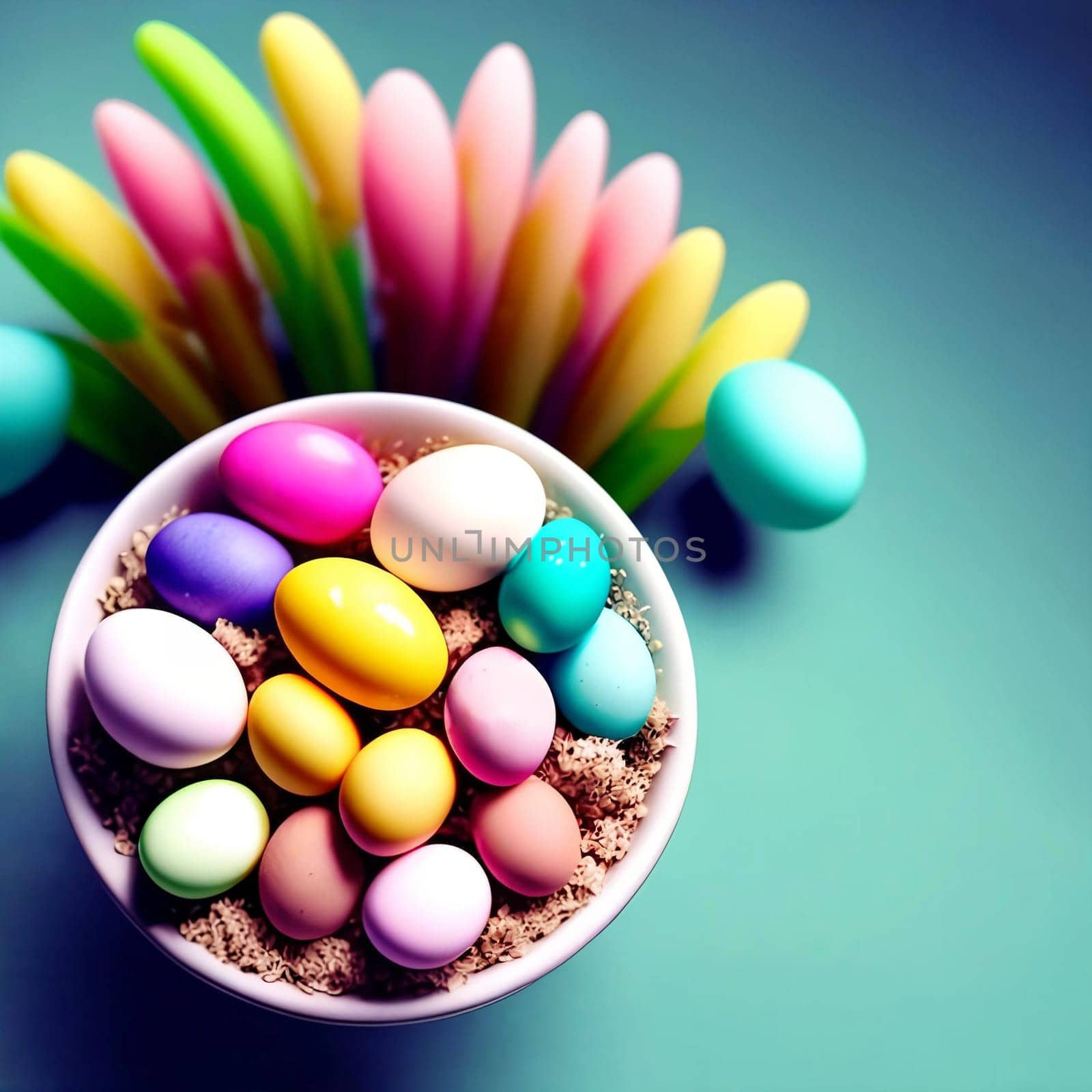An intricate Easter card design featuring a variety of beautifully decorated eggs. Easter desing
