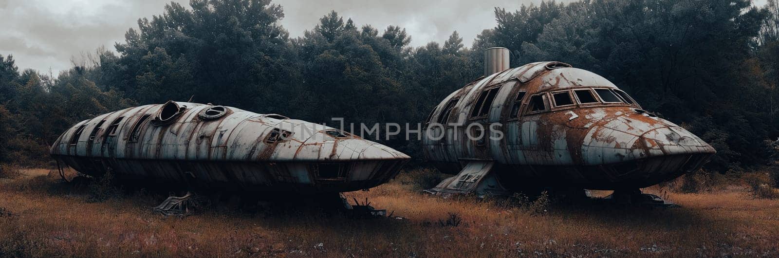 An abandoned spaceship on an alien planet, rusted metal, broken windows, overgrown vegetation reclaim the vessel. A scene of desolation and nature's triumph. Generative AI.