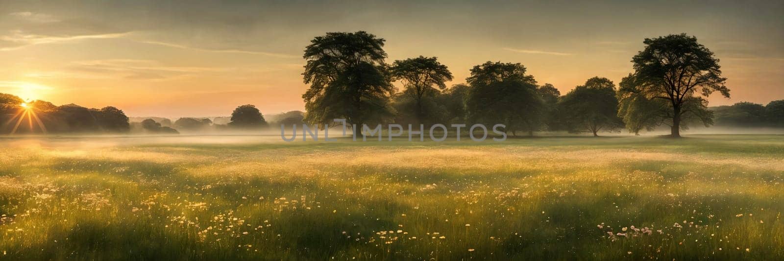 Peacefulness of a countryside meadow bathed in the soft light of dawn, with a gentle mist hovering over the grass adding a touch of mystique to the scene