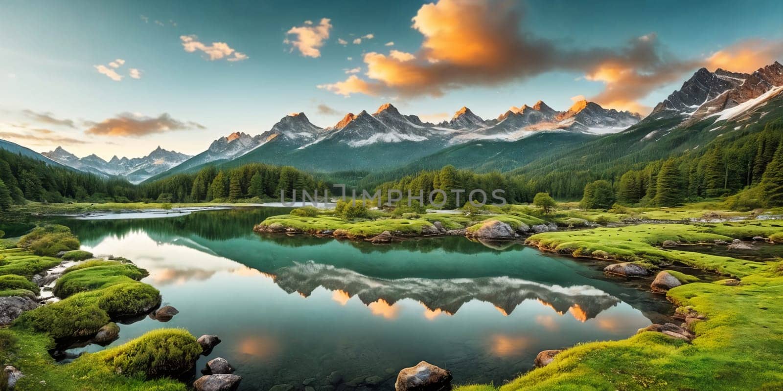 A breathtaking mountain valley with a tranquil lake, surrounded by lush forest. Generative AI