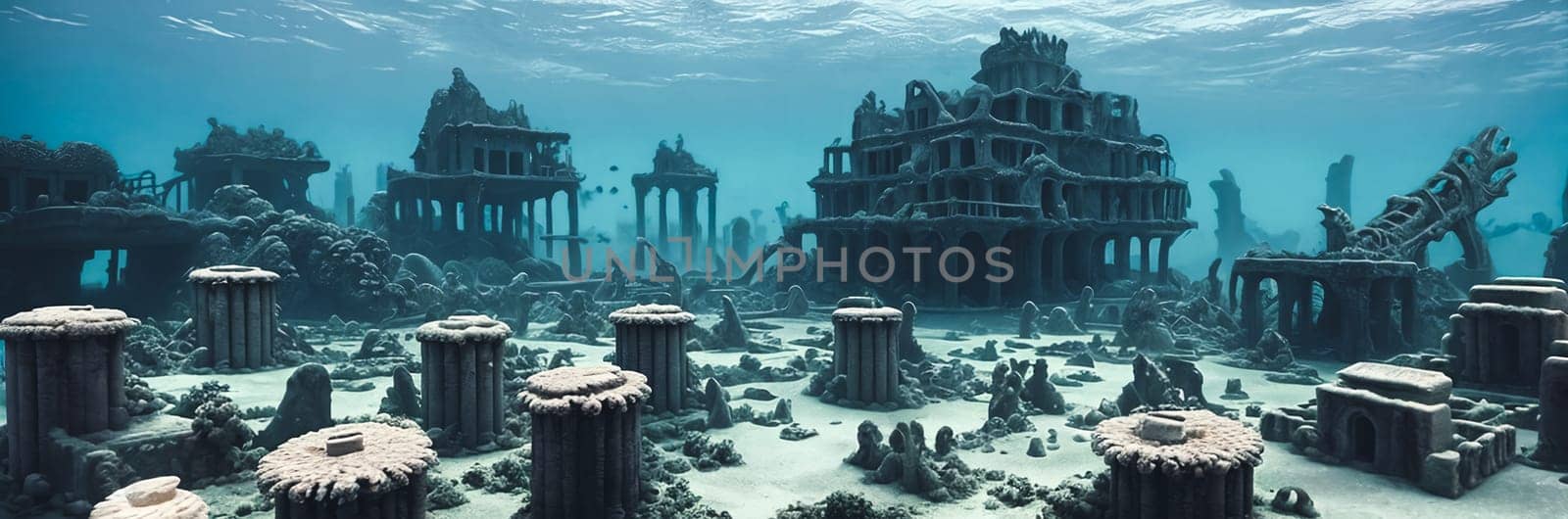 Discover the mystical depths of an Underwater Ruins. Submerged buildings, coral-covered columns, schools of exotic fish glide through the streets. Dive into the enchanting remnants of a lost city. Generative AI.