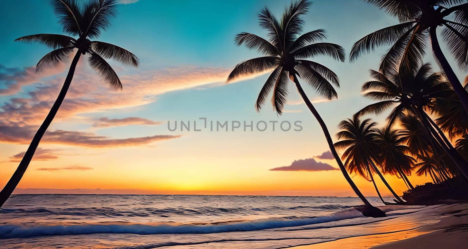 A sunset paints the sky in hues of orange pink over a tranquil beach with a palm tree swaying gently. Waves kiss the shore. Generative AI.