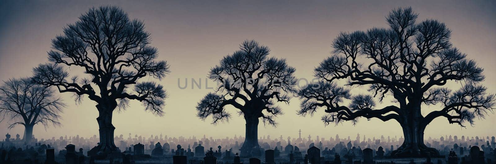 A hauntingly beautiful graveyard shrouded in mist, with weathered tombstones standing sentinel amidst gnarled trees and twisted branches reaching towards the moon.
