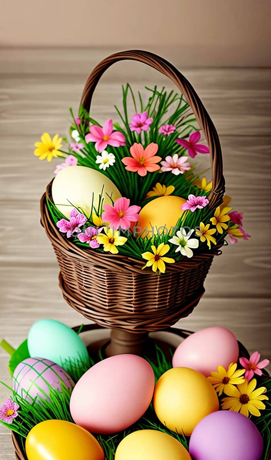 An intricate Easter card design featuring a variety of beautifully decorated eggs. Easter desing