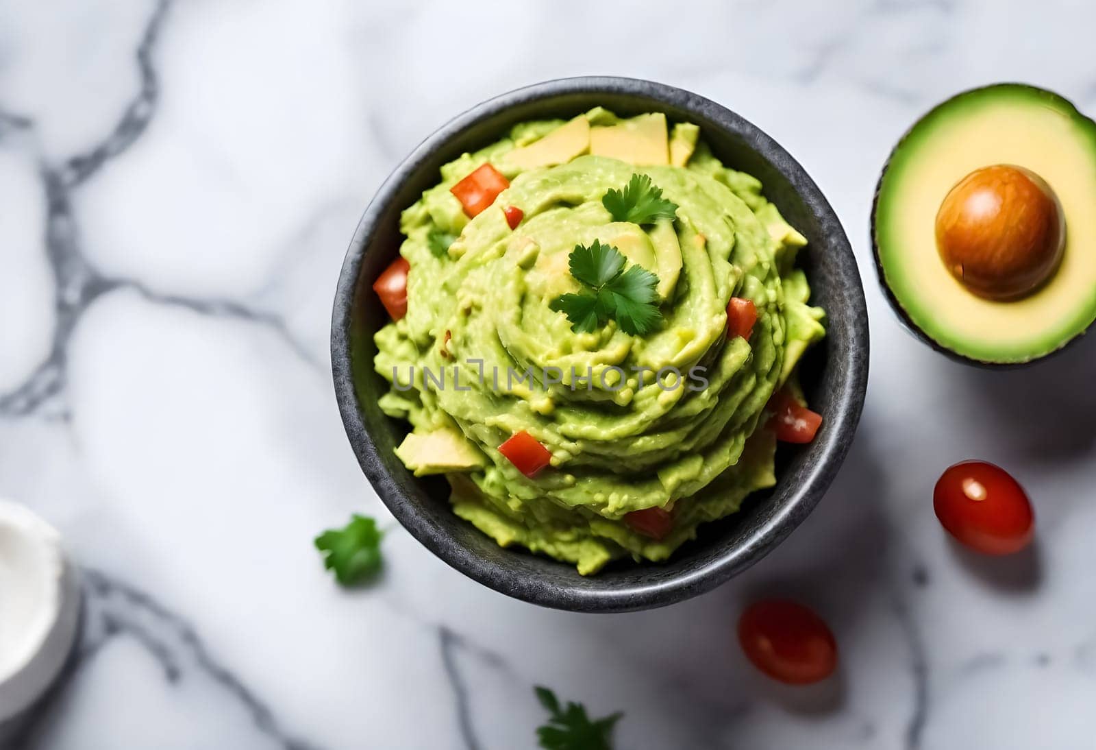AI generated of a bowl of guacamole with avocado and tomatoes on it, traditional mexican food