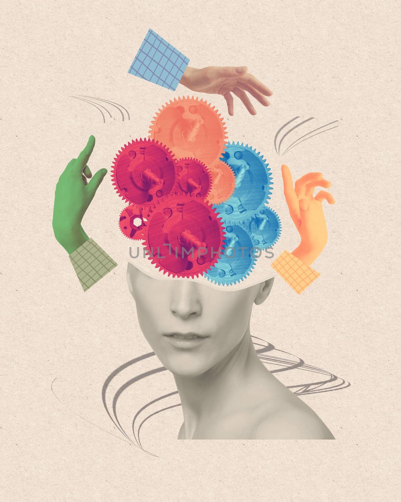Contemporary art collage, design. Abstract doctor hands near human head, working with mental issues. Psychiatrist. Concept of medical assistance, treatment, mental treatment - fix your brains concepts